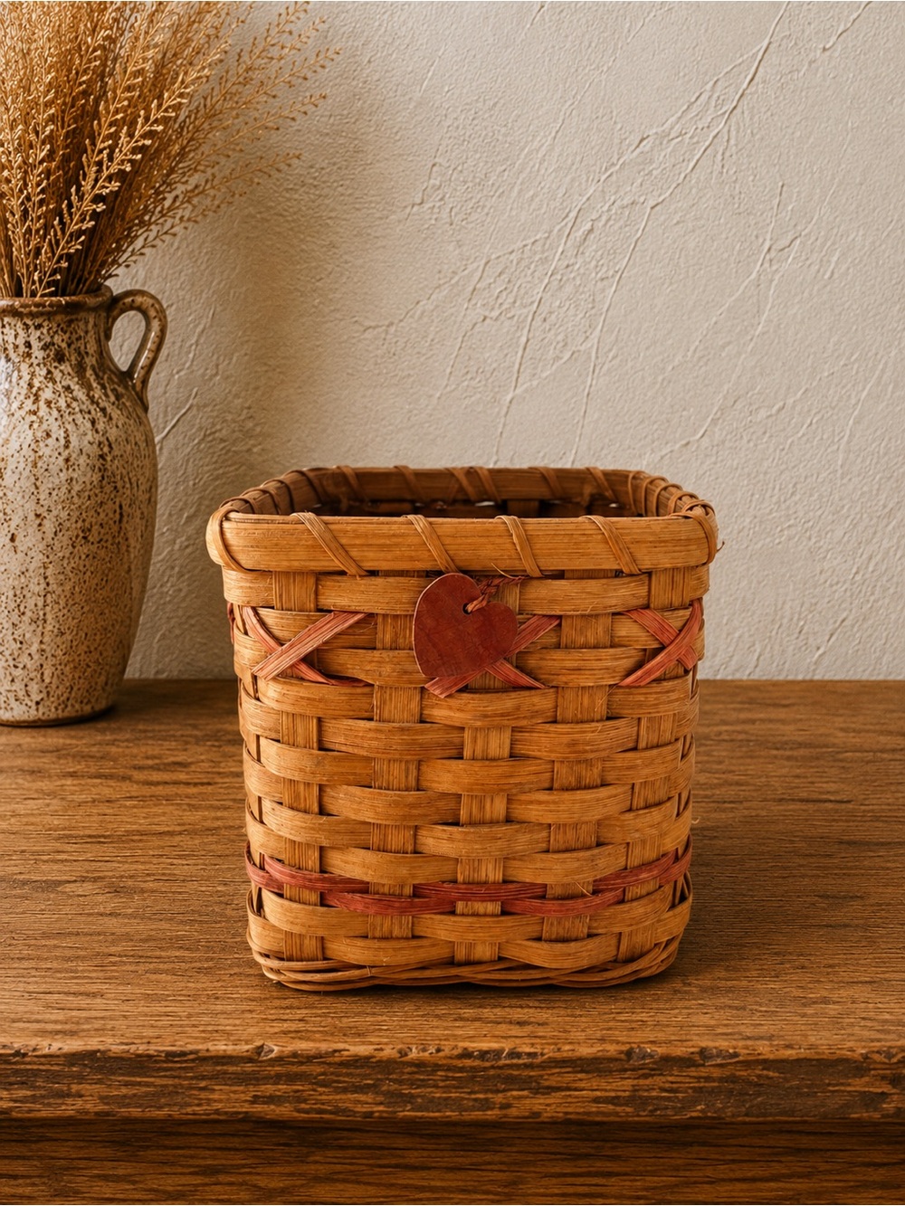 Vintage Woven Square Basket with Wooden Heart